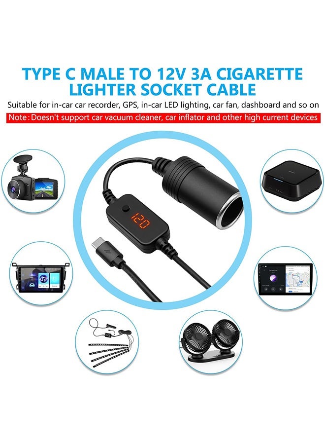 GMORO USB C Male to 12V Car Cigarette Lighter Socket Type-C to Cigarette Lighter Adapter Cable Converter with Voltmeter Display, Adjustable Voltage 5V/9V/12V, Suitable for Car Charger, GPS, Dash Cam - Image 4